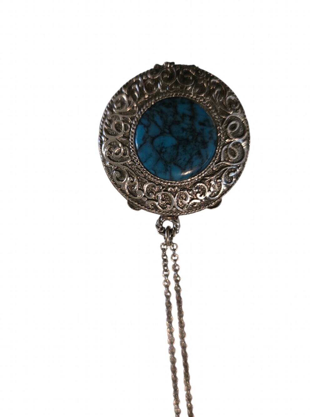 Vintage Max Factor Perfume Locket Necklace with Turquoise Silver Toned Pendant